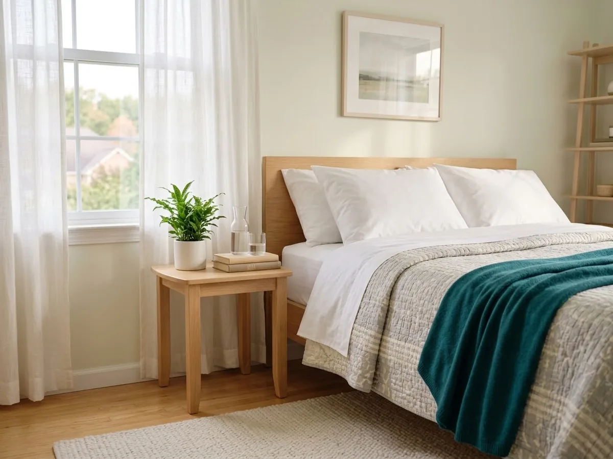 Neatly made bed with fresh white linens in a clean, bright bedroom