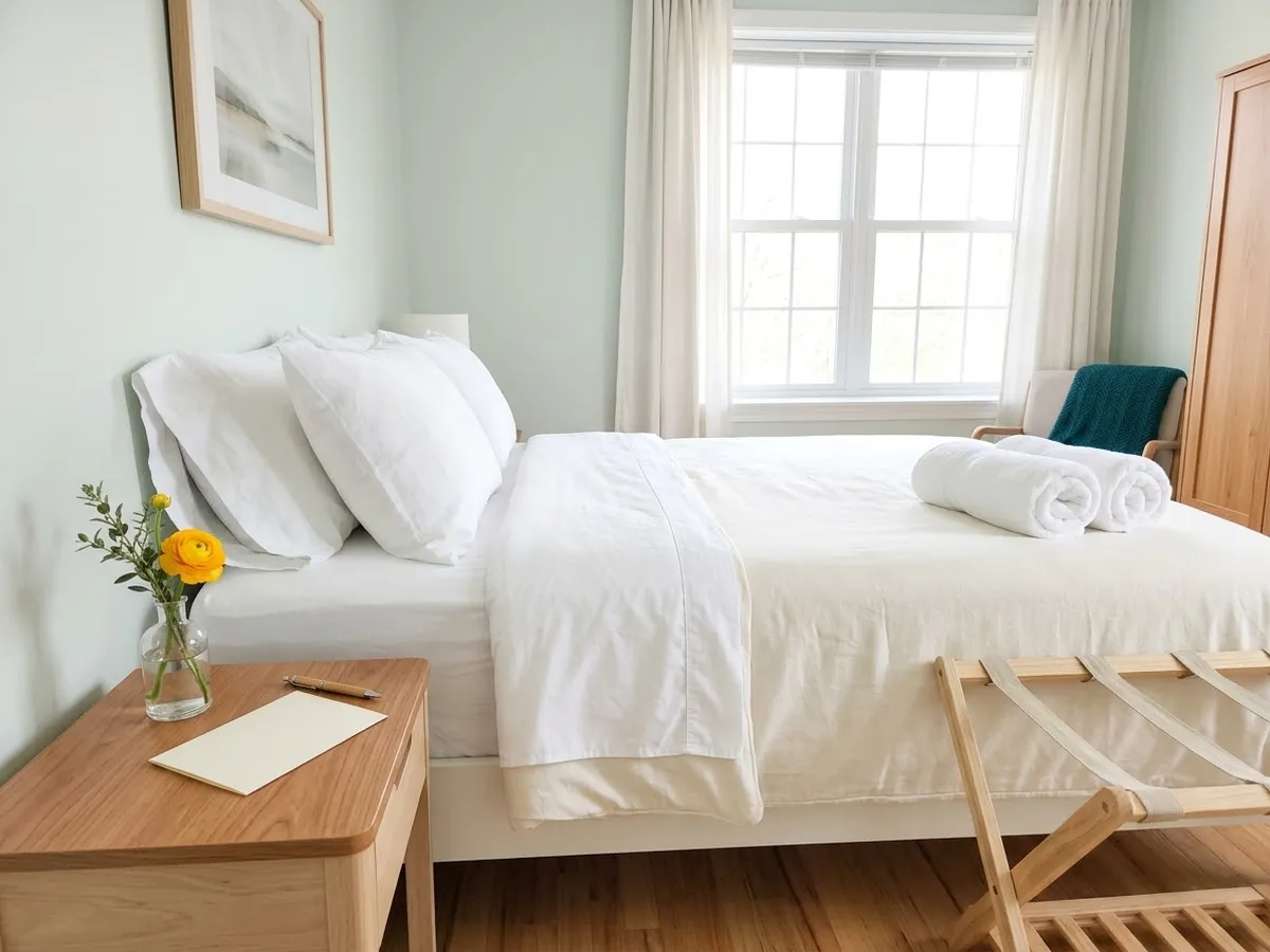 Vacation rental bedroom made up for guests with rolled towels at the foot of the bed