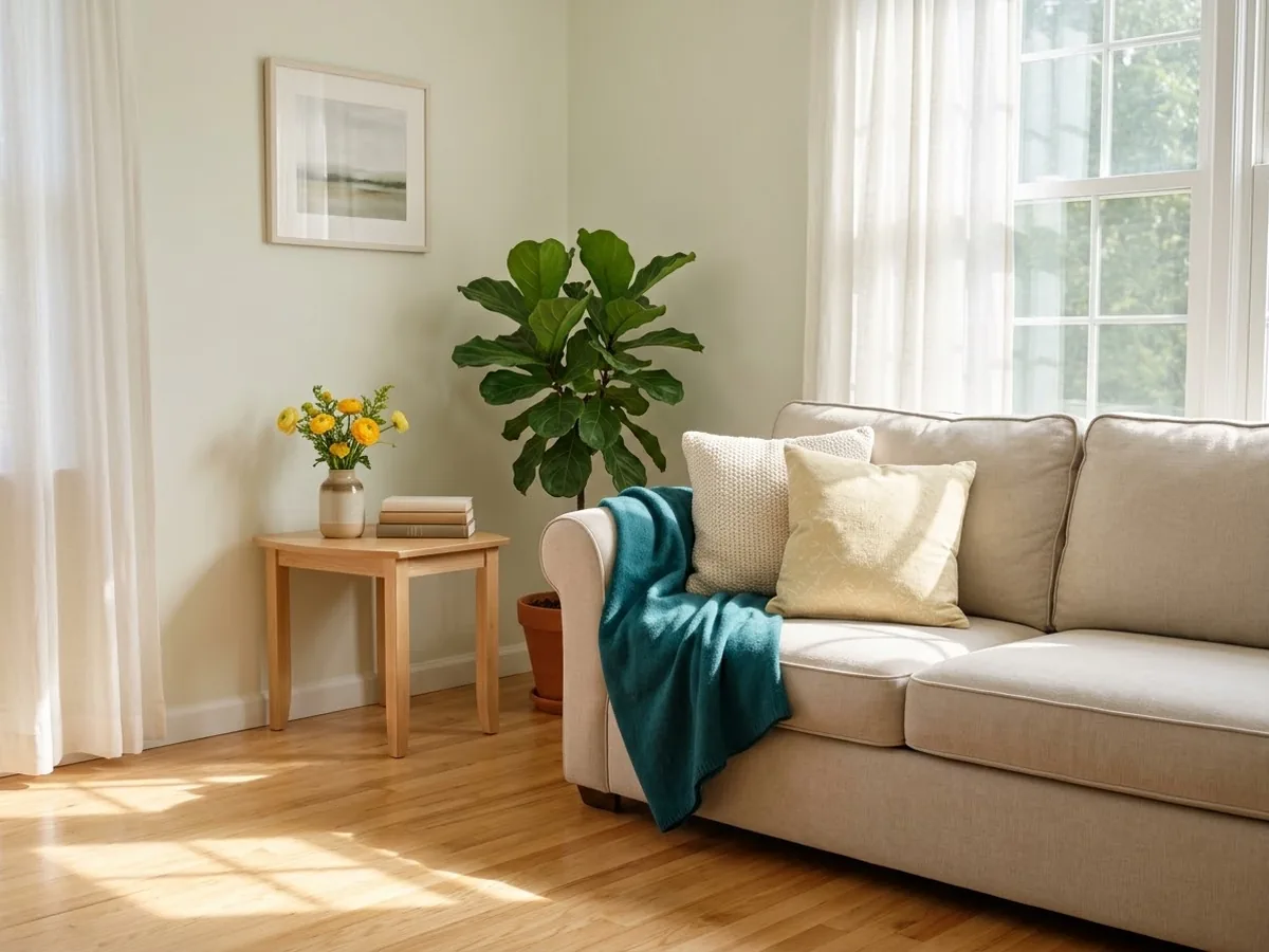 Tidy, sunlit living room with a teal throw on the sofa after a house cleaning in Bainbridge, PA